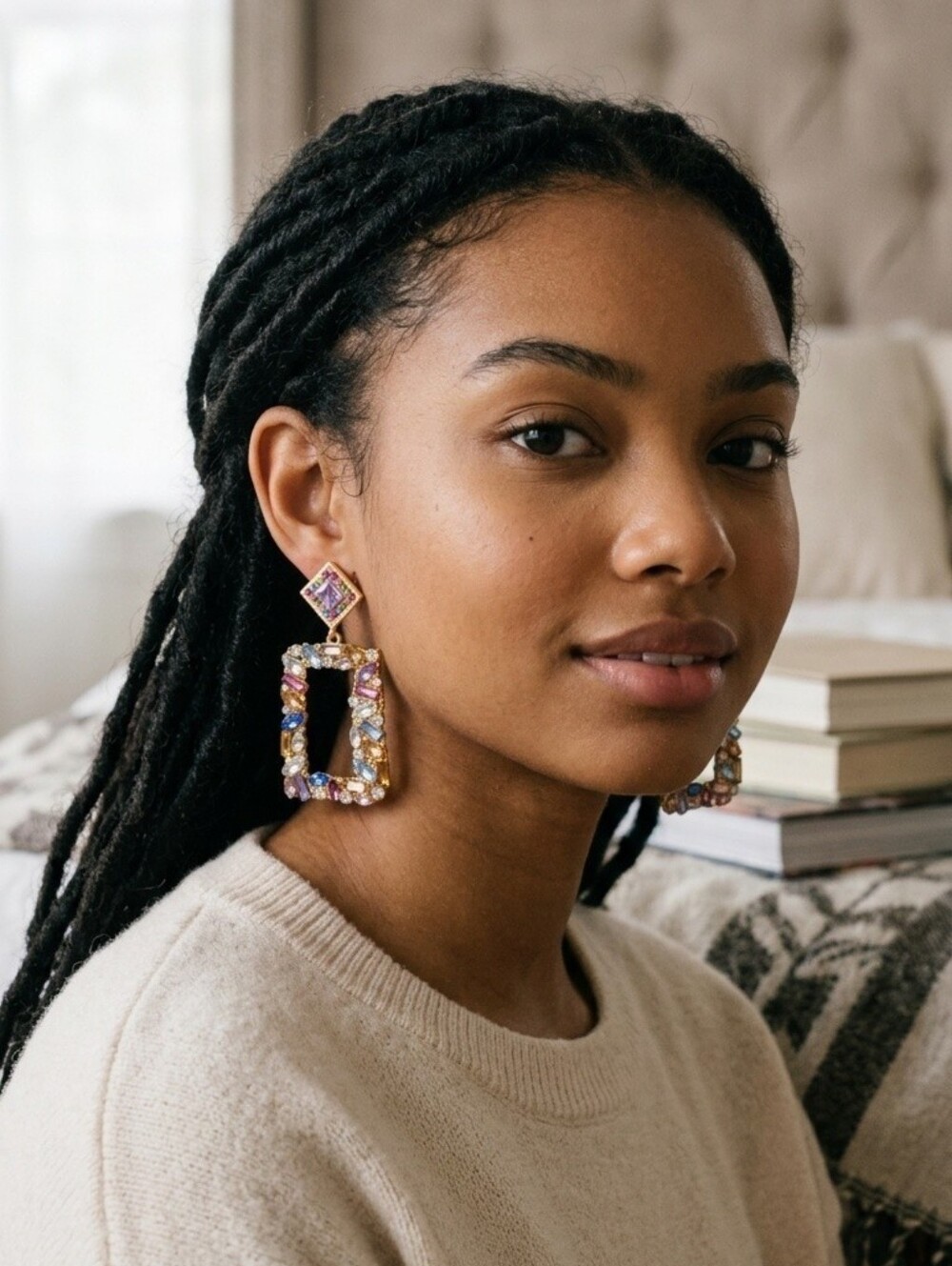 Natasha Couture NWT  Gold Multi-Colored Crystal Rectangular Drop Earrings - Picture 3 of 3